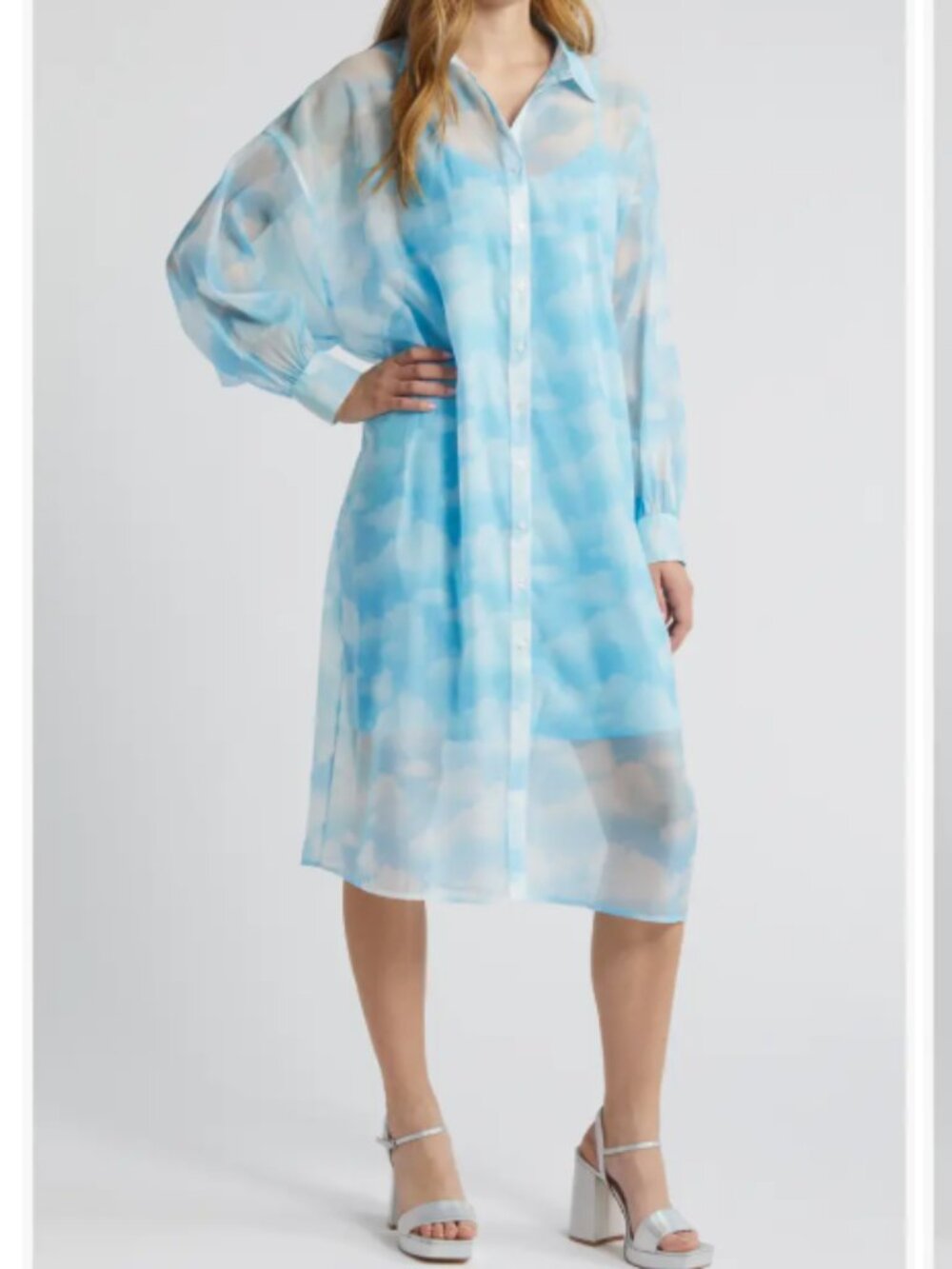 Dressed in Lala Cloud Sheer Shirtdress Small Long Sleeve Midi Dress - No Slip